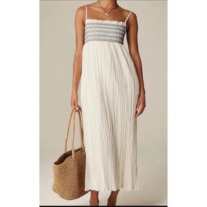 J.Crew Smocked Sun Dress Size L Cream Catania Crinkle Beachy Cottage Boho Costal